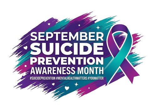 September suicide prevention awareness month graphic with teal ribbon and brushstroke design