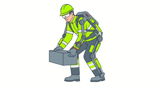 Worker lifting heavy load using modern exoskeleton suit illustration