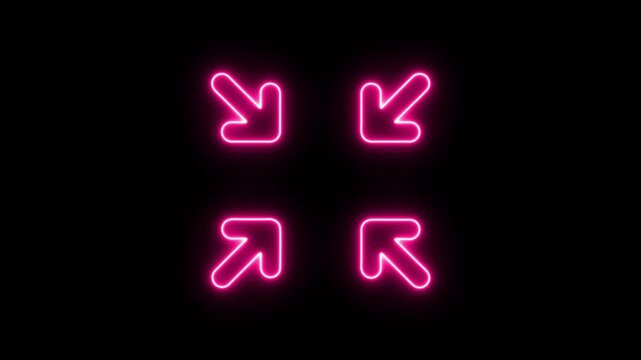 Abstract Glowing neon Four arrows icon and pink color animation on a black background, 4k video
