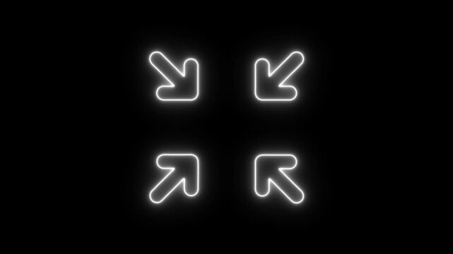Abstract Glowing neon Four arrows icon and white color animation on a black background, 4k video