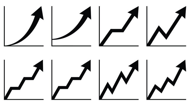 Set of eight black business growth arrow charts showing rising trends and financial success Vector