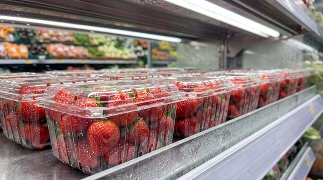 Fresh red strawberries packaged in clear plastic containers displayed on a supermarket shelf under bright artificial lighting