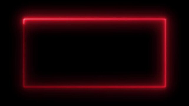 Glowing red neon rectangle border frame loop animation on black screen background with electric light path overlay effect for video editing. Fire line glowing rectangle border 4k video footage.