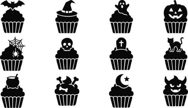 A collection of twelve black cupcake featuring halloween-themed toppings, arranged in a grid pattern on a white background, for holidays