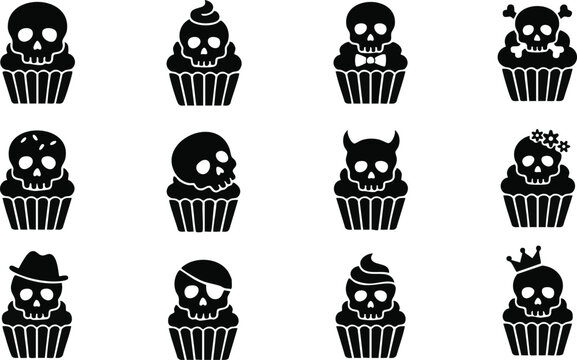 A collection of twelve unique black cupcake featuring various skull decorations, arranged in a grid pattern on a white background