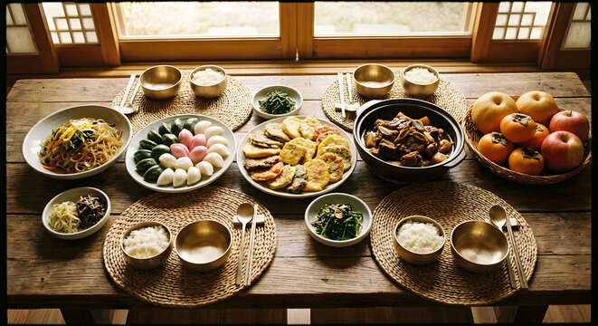Korean Chuseok holiday feast table spread with japchae songpyeon and jeon overhead