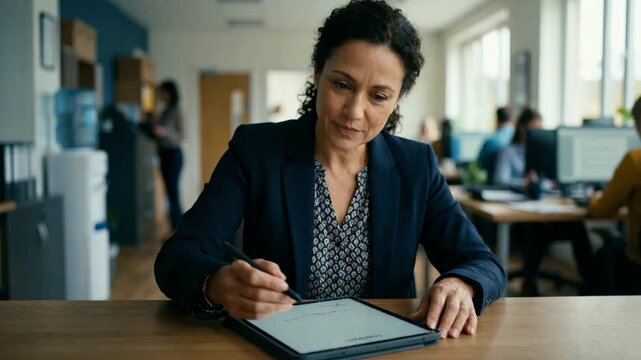 Service business owner signs agreement on tablet screen foreground crisp while office interior is outoffocus symbolizing underwriting for cash advance.