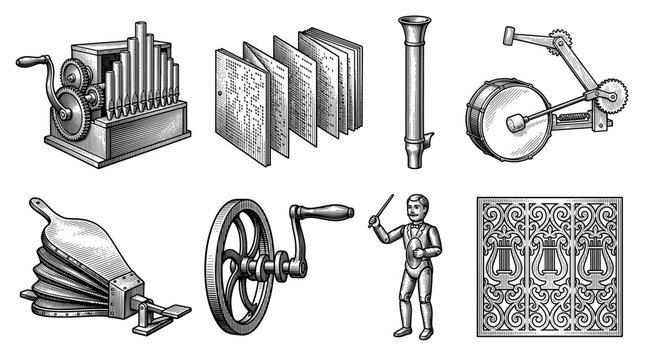 Vintage Mechanical Barrel Organ Parts and Components Illustration Set in Engraving Style