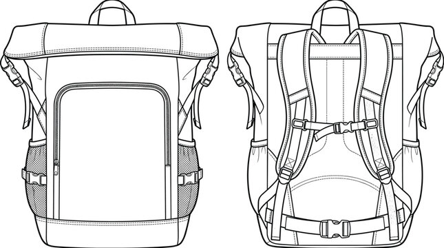 Technical flat sketch of backpack with straps, pockets, and detailed construction lines
