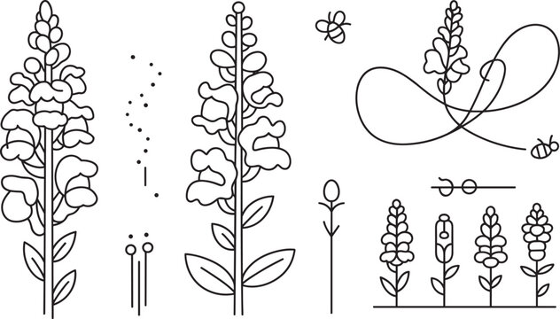 Elegant snapdragon flower line art vector set with honey bees minimal botanical lavender floral illustrations elements collection for tattoo design