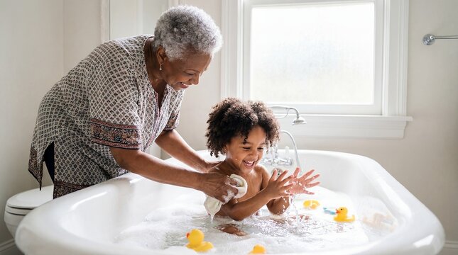 family bath time child hygiene parenting bathroom care grandmother routine showing compassionate guidance with african american grandmother silver hai family detail shows a grandmother sharing a in