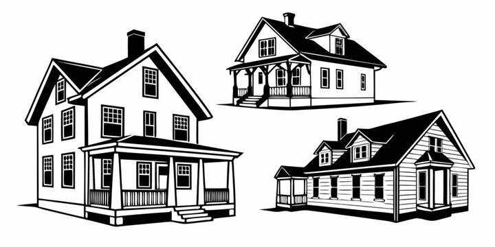 Set of four black and white cottage houses with dormer windows and chimneys on white background roof