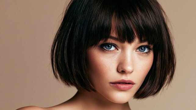 Portrait of young woman with short dark bob haircut and bangs, neutral-toned background.