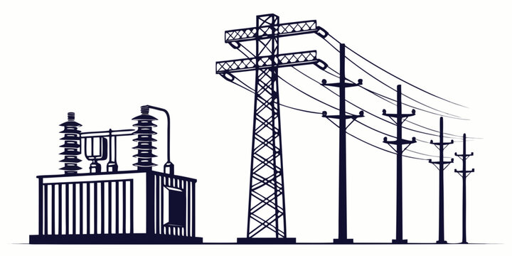 Isometric of utility power transmission towers and substation with high-voltage lines utility poles electrical infrastructure