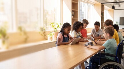Fototapeta premium Diverse inclusive group of elementary students including a young boy in a wheelchair studying mechanical gears and using a digital tablet during a stem class with a warm left side copy space