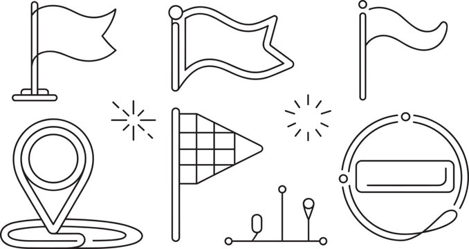 Minimalist map pin flag vector set with elegant line art location pointer checkered flag icons and abstract destination navigation design accents