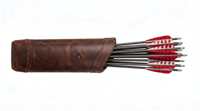 Horizontal View of Leather Archery Quiver with Red Arrows Isolated on White