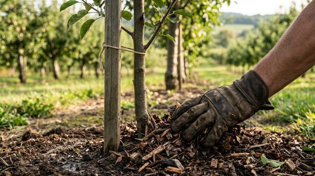 Applying Organic Mulch Around Young Tree for Healthy Root Protection