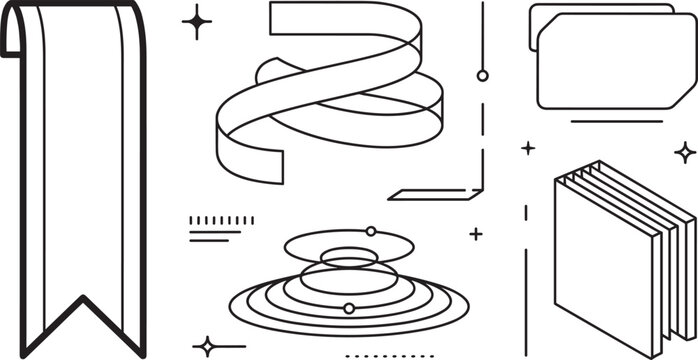 Minimalist book elements vector set with elegant line art bookmark ribbon swirl pages tabs icons and abstract cosmic orbit design accents