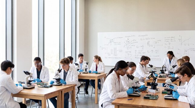 Diverse group of university students wearing lab coats and safety goggles using microscopes and examining electronic circuit boards during a science and engineering class behind text copy space