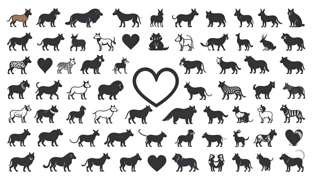 A heartwarming collage of various dog breeds and heart silhouettes on a white background
