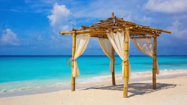 A tranquil beach scene featuring a charming bamboo gazebo