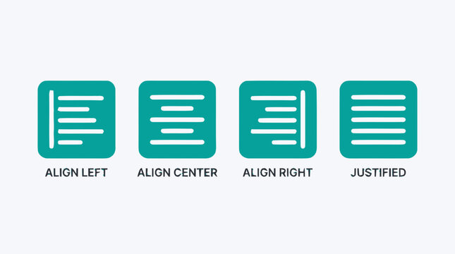 Set of Text Alignment Icons for Typography and Document Formatting - Align Left, Center, Right, and Justified UI Elements
