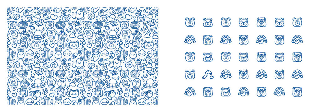 A charming seamless pattern featuring various cute cartoon doodle icons including bears robots cats and aliens in blue outline against a white backdrop