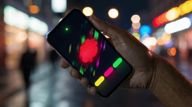 Mobile device in hand with main focus on an urgent fraud alert SMS featuring quick action buttons blurred surroundings create a dramatic effect.