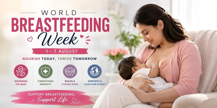 World breastfeeding week promotional poster featuring mother and baby, breastfeedin