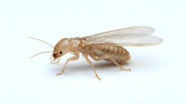 Termite insect with transparent wings isolated on white background, suitable for educational materials, pest control documentation, and entomology resources.