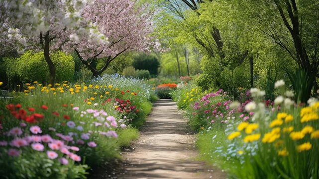 Beautiful Garden Path with Blooming Spring Flowers and Trees