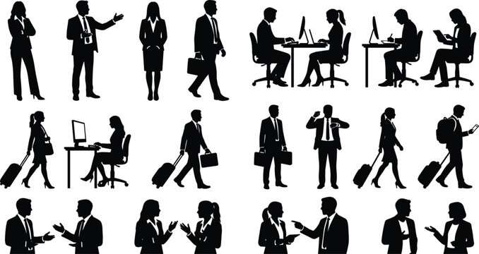 Business Corporate People Silhouette Icon Set Featuring Office Workers, Business Travelers with Luggage, Desk Desktops, and Talking Colleagues Vector