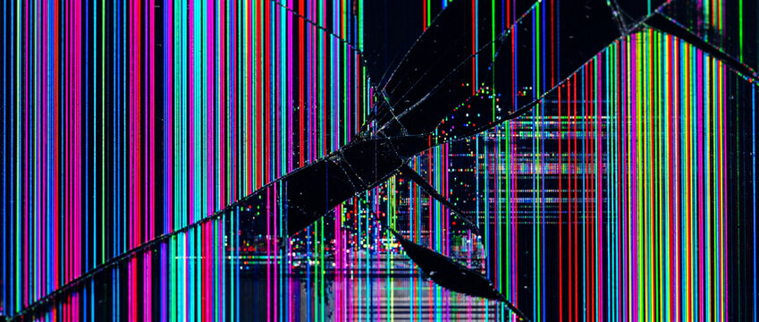 Broken Laptop LCD Screen with Vertical RGB Lines and Digital Display Failure Background