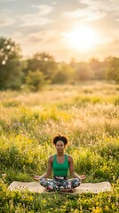 Fototapeta premium Woman of mixed ethnicity in green sports top and patterned leggings meditating in lotus position on mat in wildflower meadow at golden hour sunset for wellness and yoga lifestyle content.