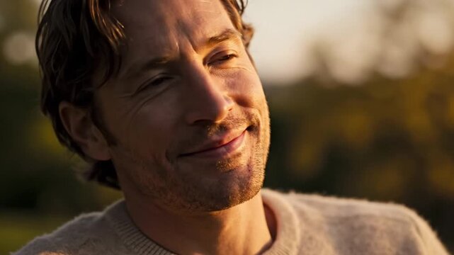 Smiling man with closed eyes relaxing outdoors at golden hour