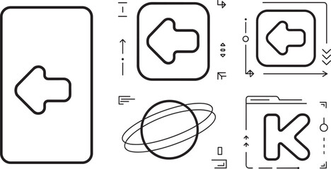 Modern back arrow icon and tech interface vector set featuring letter K folder saturn planet minimal application UI line art elements collection © Sukhi