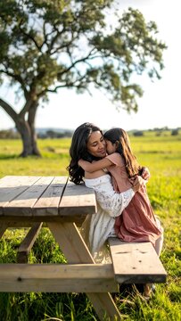 A heartwarming moment of a woman and a girl embracing beside a wooden picnic table in a serene green field