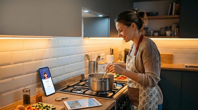 Woman in casual home attire cooking on stovetop while viewing recipe on smartphone, modern kitchen with warm lighting and subway tile backsplash for culinary content.