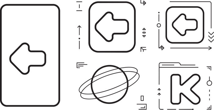 Modern back arrow icon and tech interface vector set featuring letter K folder saturn planet minimal application UI line art elements collection