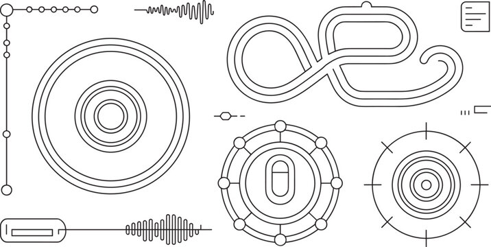 Modern abstract data technology line art vector set featuring audio sound waves circular interface targets and infinity loop geometric tech elements