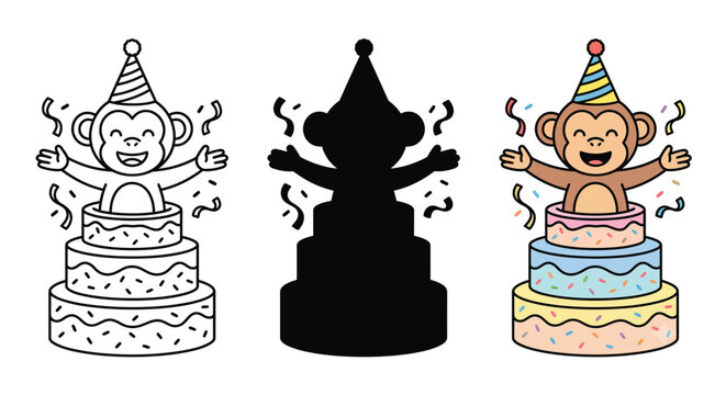 Cute monkey wearing a party hat jumping out of a birthday cake Vector