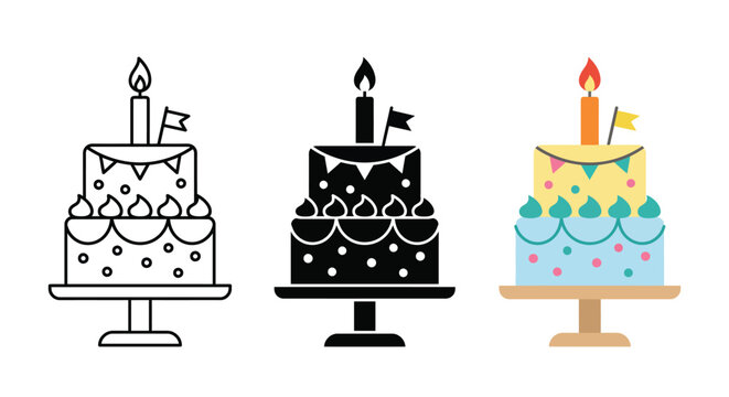 Birthday cake icon set with line art silhouette and colorful flat design styles Vector
