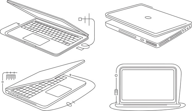 Modern laptop and notebook computer vector set featuring isometric and front views minimal technical line art outline illustrations collection