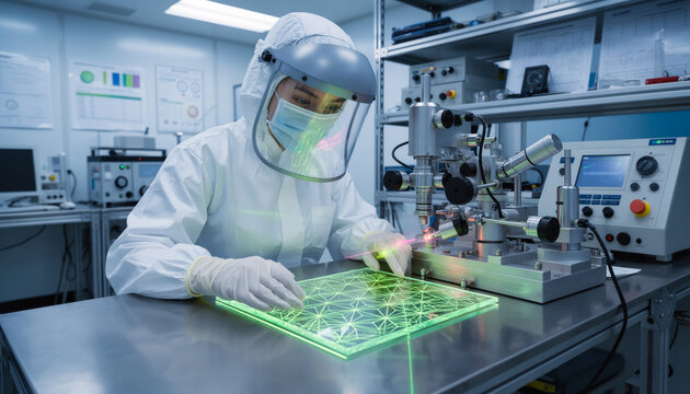 Female scientist in a full protective cleanroom suit and face shield examining a glowing green laser grid on a glass panel inside a high tech industrial testing laboratory