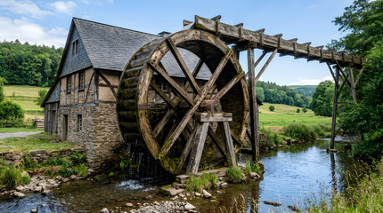 Obraz premium Historic wooden water wheel next to an old stone house by a stream