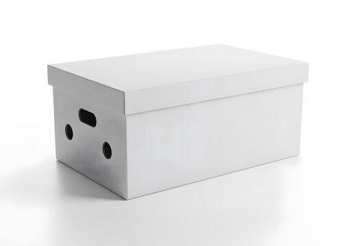 Closed white cardboard archive box with lid isolated on white background.