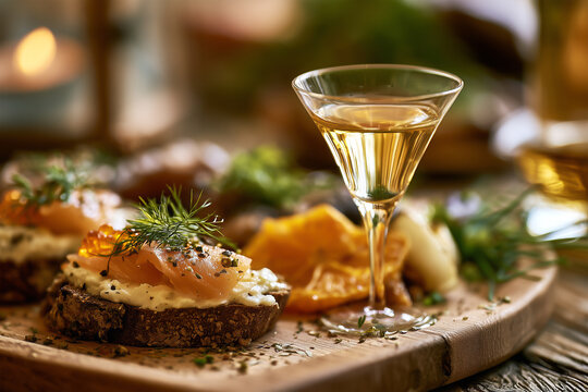 Traditional Danish Sm&oslash;rrebr&oslash;d (or Smorrebrod), open sandwich with rye bread, salmon and herring with a glass of Akvavit (or Aquavit) snaps, food tradition in Denmark