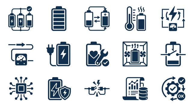 Battery management and power storage icons set