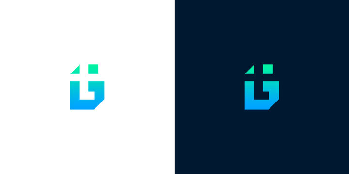Modern geometric letter G logo with medical cross symbol in blue and green gradient on dark and light backgrounds